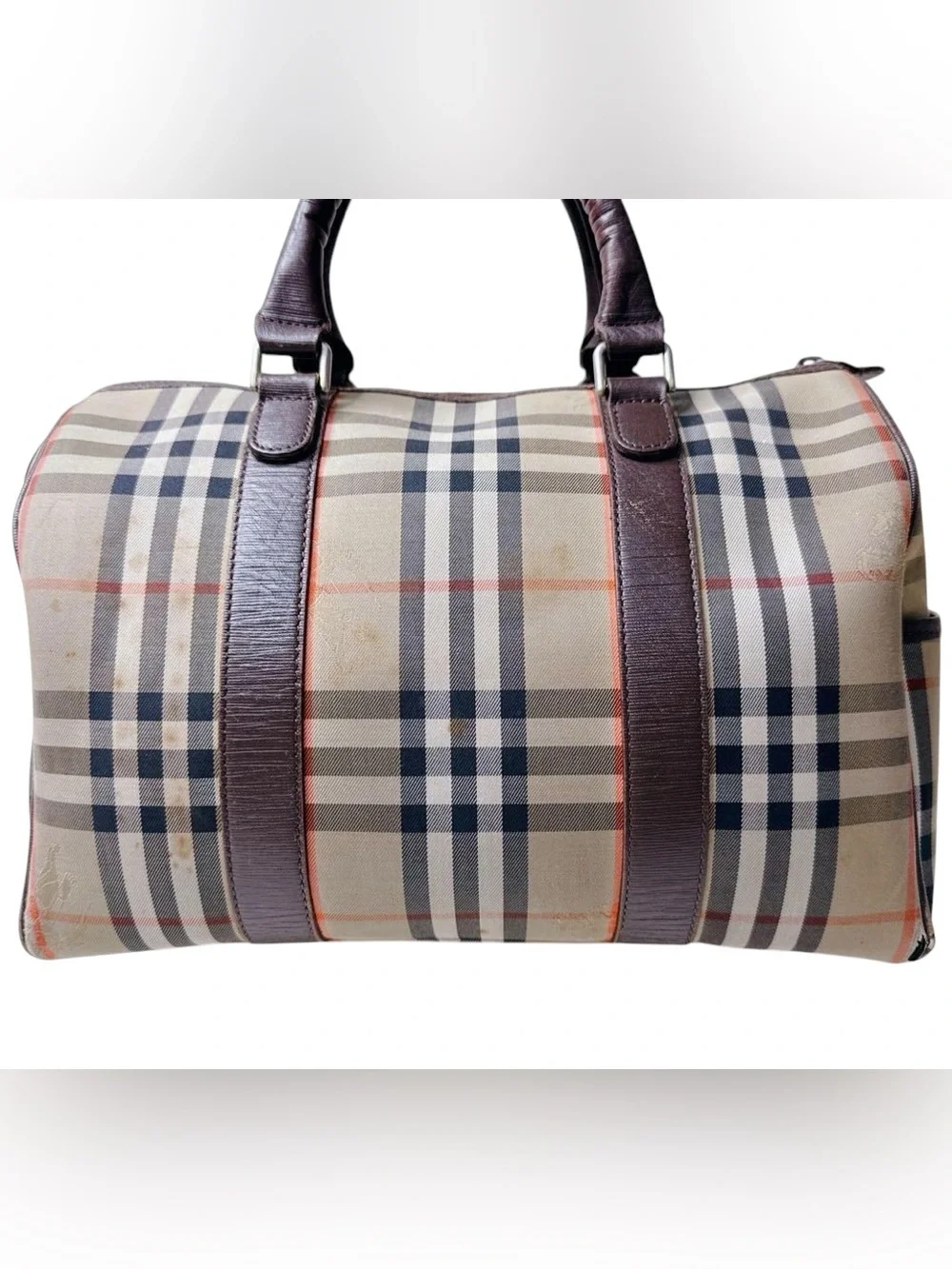 Burberry Haymarket Nova Check Top Handle Boston Travel Tote Carry All Purse Bag
